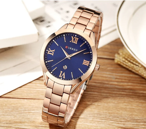 Relógio feminino montre femme, Ouro rosa com detalhes em azul.