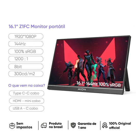 Monitor Gaming Portátil de 16,1 polegadas 144Hz 1080P é um display para laptop com conexões Type C e Mini HDMI, compatível com PS4/5, Steam Deck, Switch, PC e Mac.