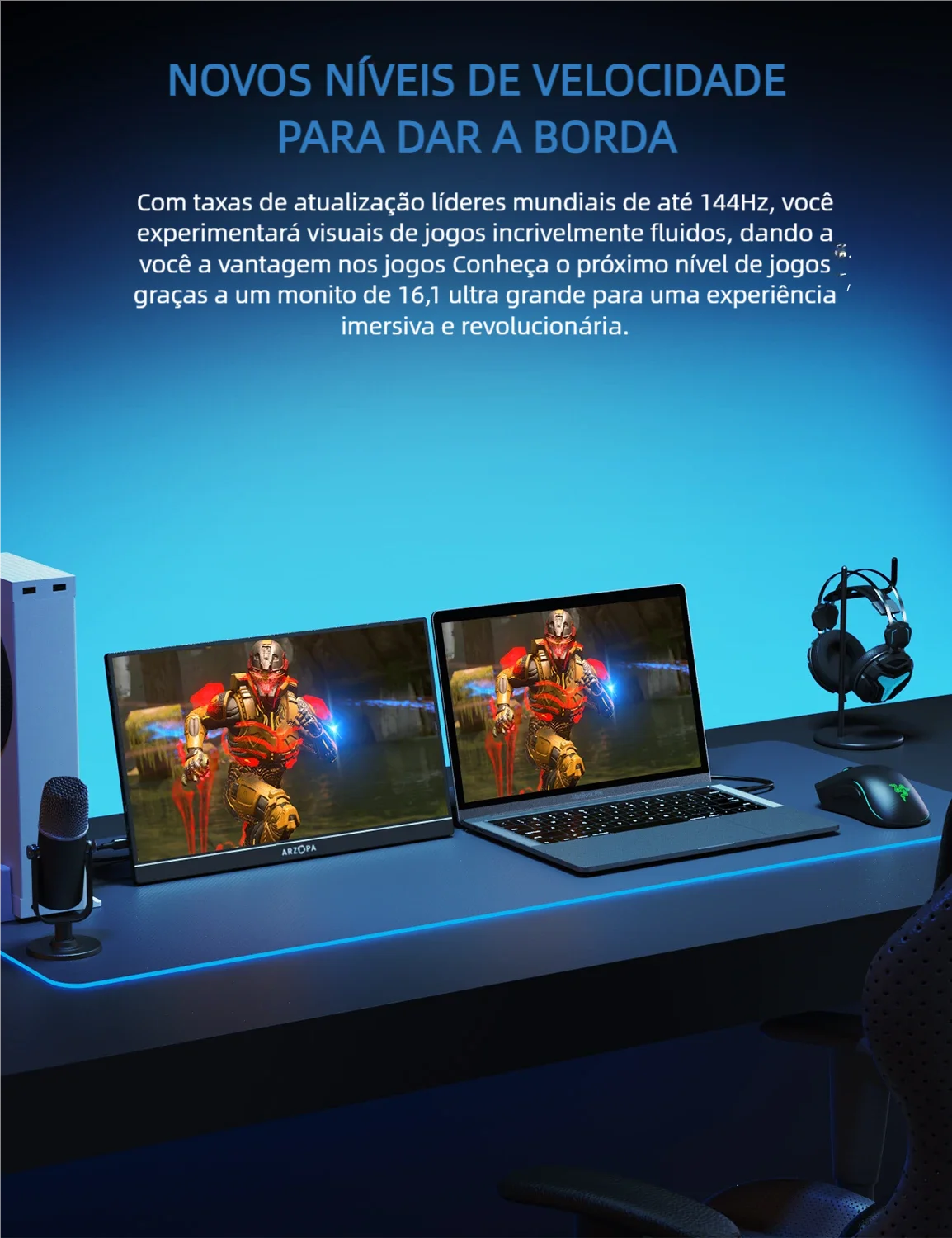 Monitor Gaming Portátil de 16,1 polegadas 144Hz 1080P é um display para laptop com conexões Type C e Mini HDMI, compatível com PS4/5, Steam Deck, Switch, PC e Mac.