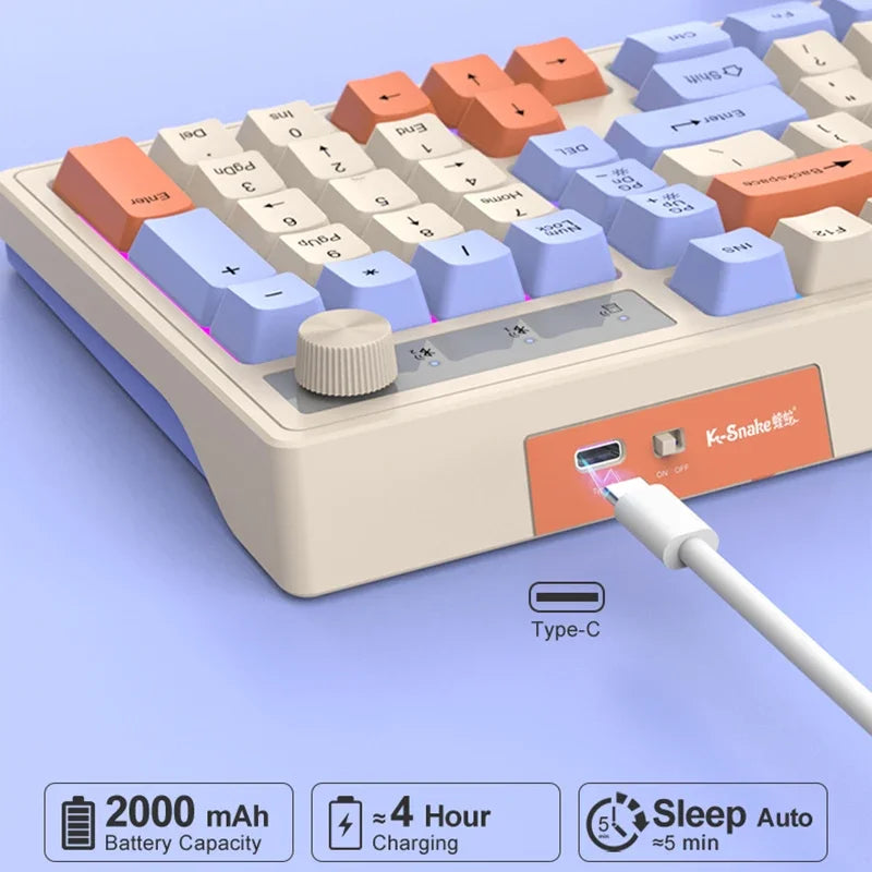 Teclado Sem Fio de 98 Teclas com Luz Arco-íris, Conexão Dual-mode 2.4G Bluetooth,