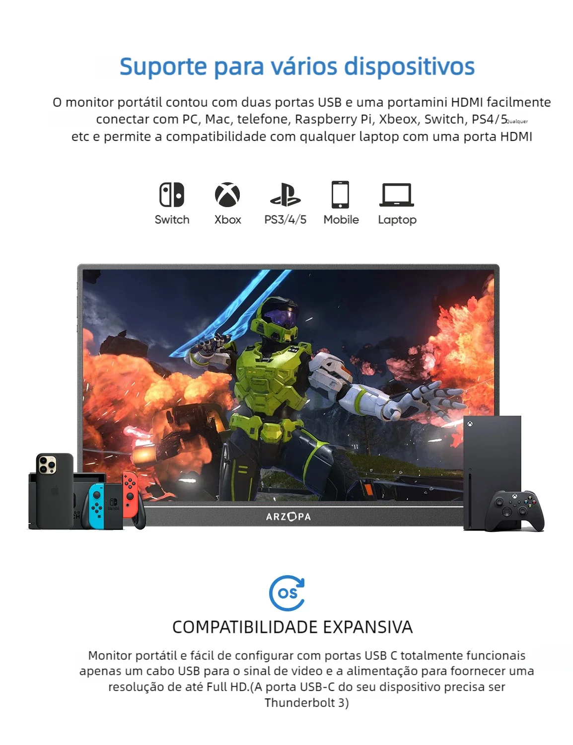 Monitor Gaming Portátil de 16,1 polegadas 144Hz 1080P é um display para laptop com conexões Type C e Mini HDMI, compatível com PS4/5, Steam Deck, Switch, PC e Mac.