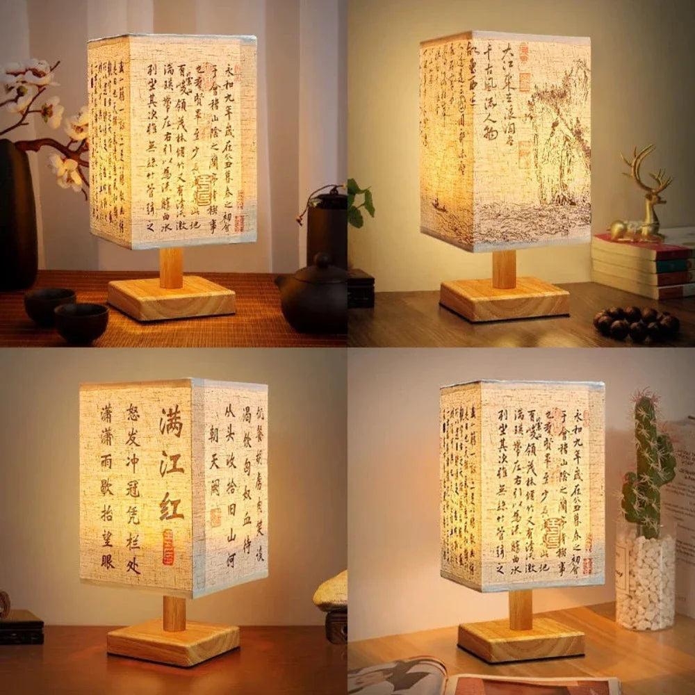 Estilo chinês, lâmpada de mesa retrô de madeira com luz noturna.